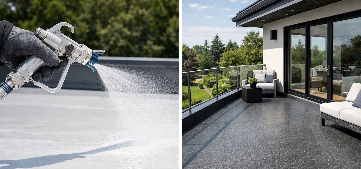 Split view showing a professional worker applying a white reflective roof coating with a sprayer alongside a finished charcoal-gray textured waterproof deck coating on a modern residential balcony.